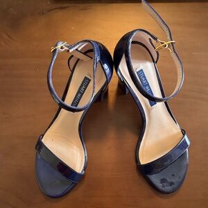 Stuart Weitzman Navy Blue nearly nude ankle block heel